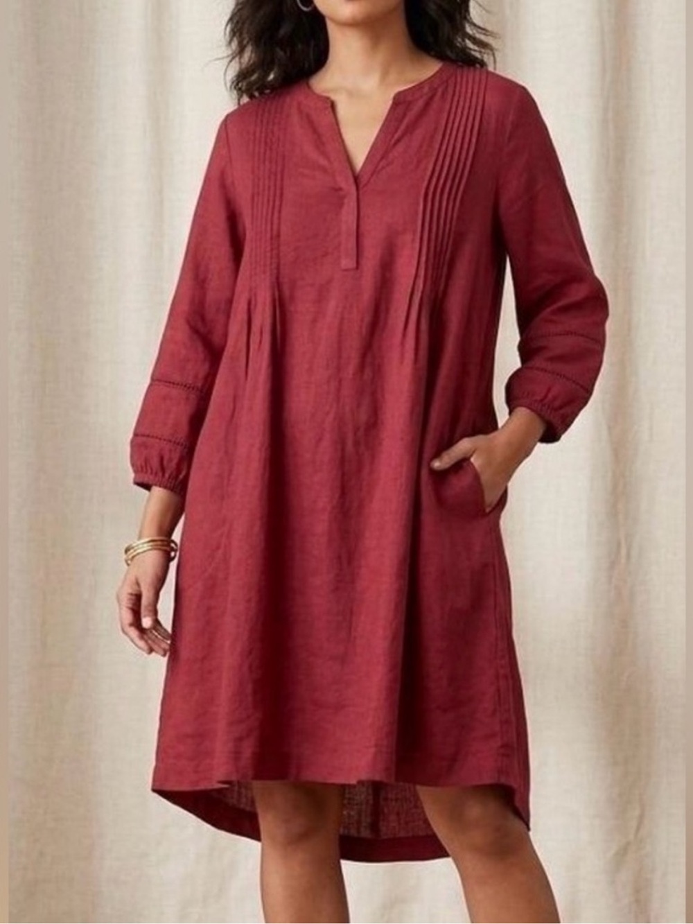 J. Jill Cherry Wine Brushed Twill A Line Pintuck Midi Dress Pockets Size XLP